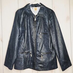 Ameri Mode Women's Blue Faux‎ Snakeskin Jacket LARGE Feather Pull Mob Wife Goth